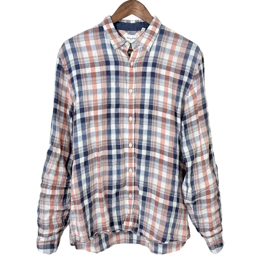 Baird McNutt Mens Linen Shirt Murano Slim Fit Blue Orange Plaid Button Up Large
